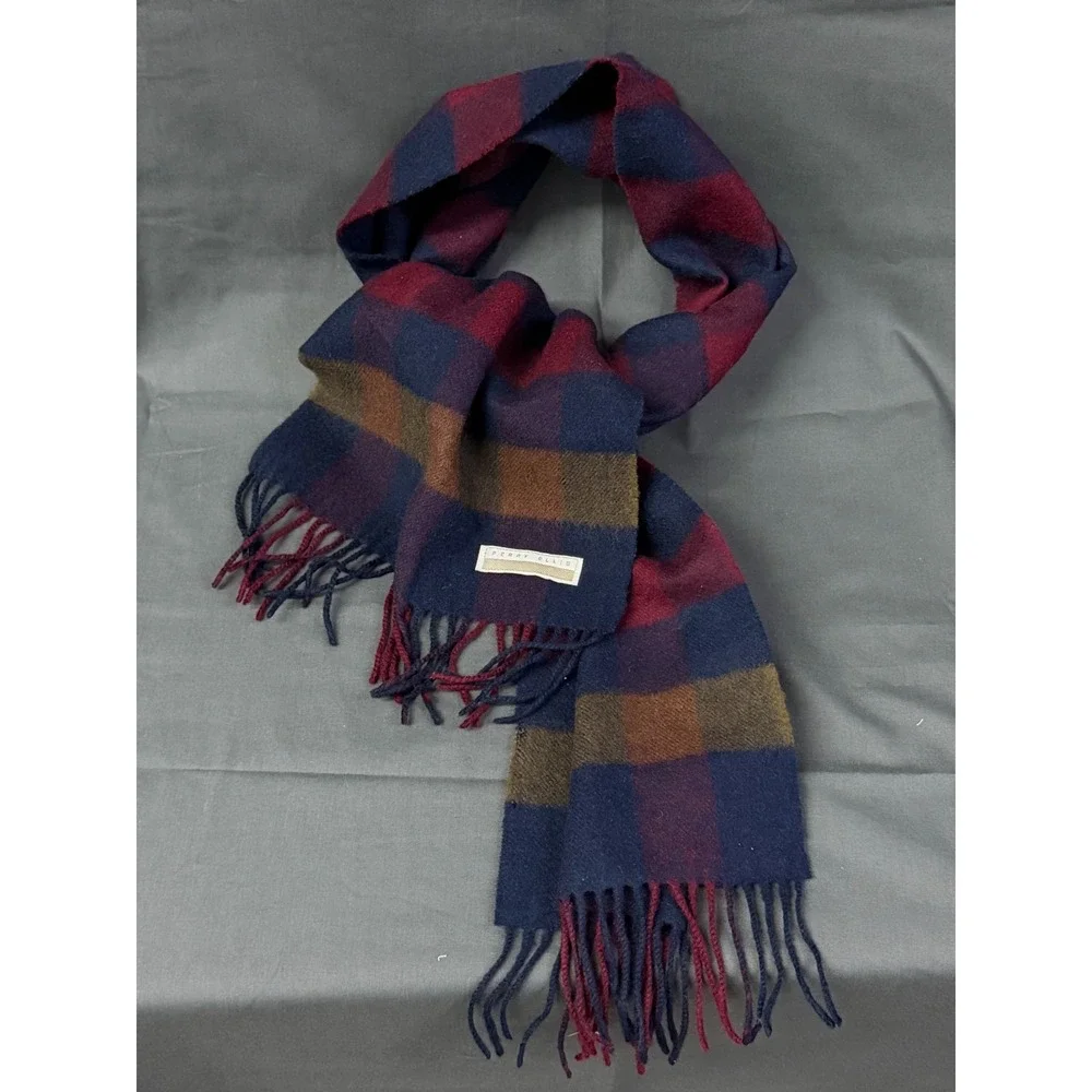 Perry Ellis 100% Wool Scarf Plaid Check Navy Burgundy Fringe Made in Germany